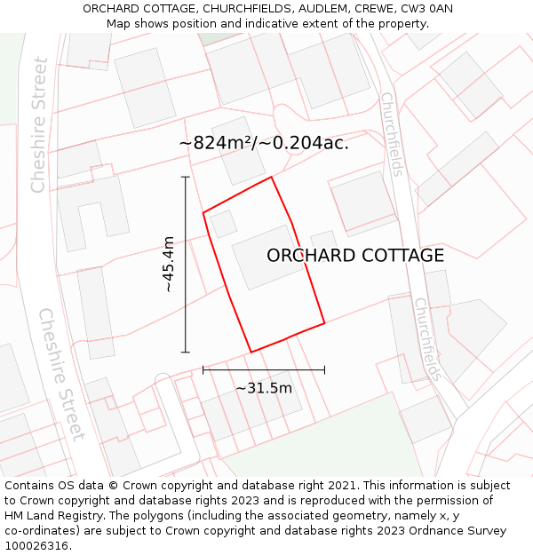 ORCHARD COTTAGE, CHURCHFIELDS, AUDLEM, CREWE, CW3 0AN: Plot and title map