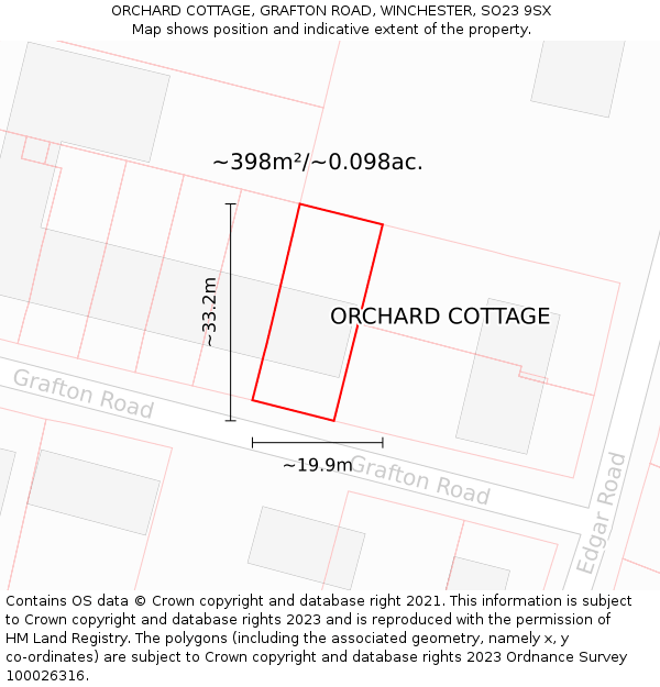 ORCHARD COTTAGE, GRAFTON ROAD, WINCHESTER, SO23 9SX: Plot and title map