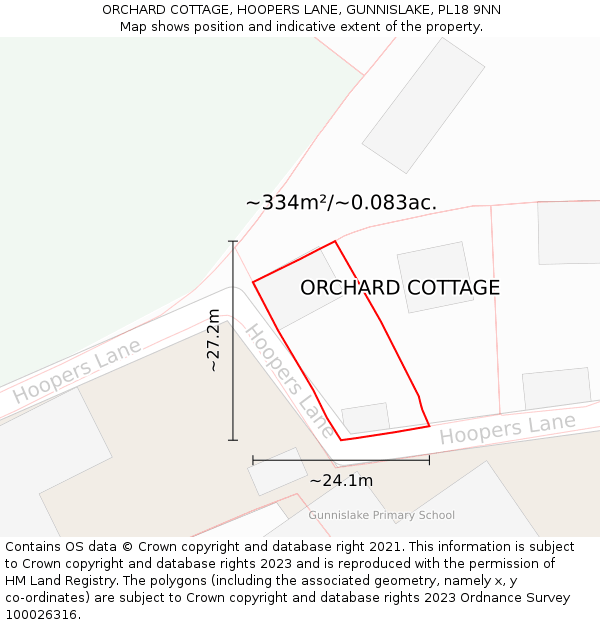ORCHARD COTTAGE, HOOPERS LANE, GUNNISLAKE, PL18 9NN: Plot and title map