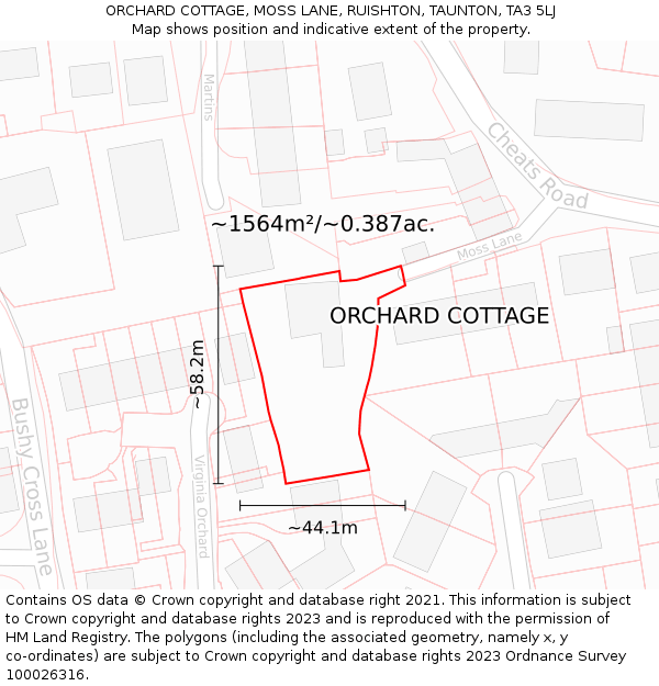 ORCHARD COTTAGE, MOSS LANE, RUISHTON, TAUNTON, TA3 5LJ: Plot and title map