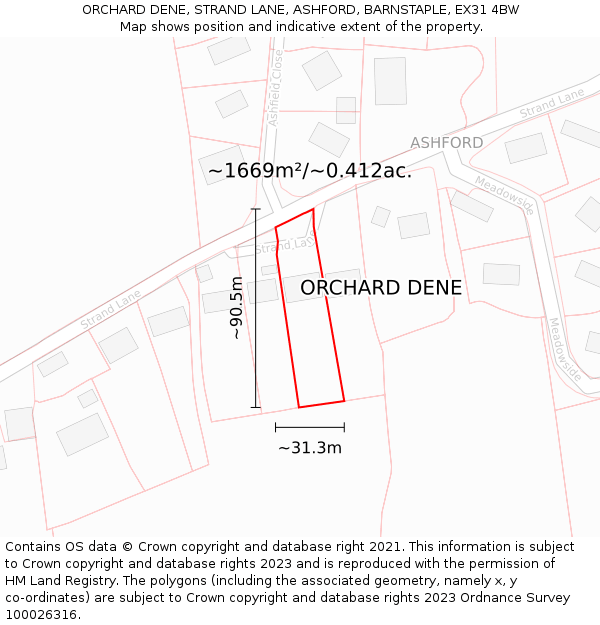 ORCHARD DENE, STRAND LANE, ASHFORD, BARNSTAPLE, EX31 4BW: Plot and title map