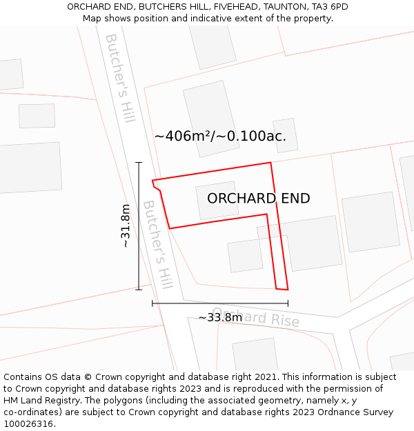 ORCHARD END, BUTCHERS HILL, FIVEHEAD, TAUNTON, TA3 6PD: Plot and title map