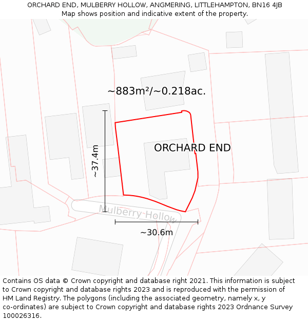 ORCHARD END, MULBERRY HOLLOW, ANGMERING, LITTLEHAMPTON, BN16 4JB: Plot and title map