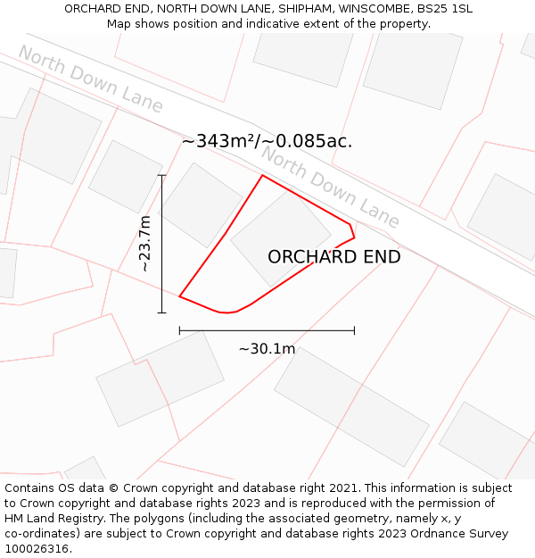 ORCHARD END, NORTH DOWN LANE, SHIPHAM, WINSCOMBE, BS25 1SL: Plot and title map