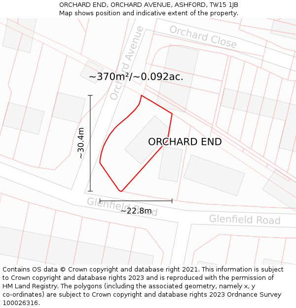 ORCHARD END, ORCHARD AVENUE, ASHFORD, TW15 1JB: Plot and title map