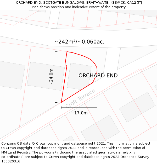 ORCHARD END, SCOTGATE BUNGALOWS, BRAITHWAITE, KESWICK, CA12 5TJ: Plot and title map