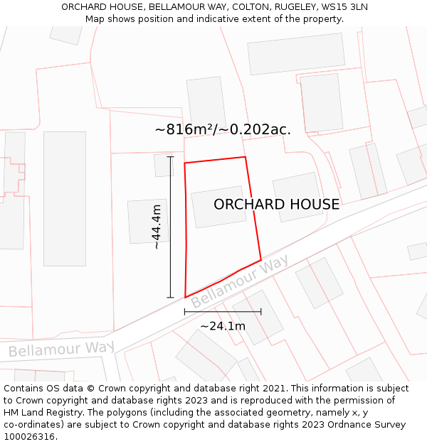 ORCHARD HOUSE, BELLAMOUR WAY, COLTON, RUGELEY, WS15 3LN: Plot and title map