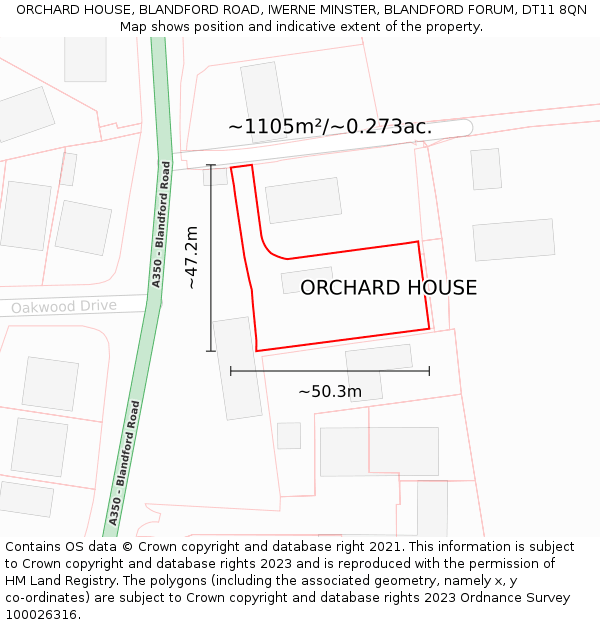 ORCHARD HOUSE, BLANDFORD ROAD, IWERNE MINSTER, BLANDFORD FORUM, DT11 8QN: Plot and title map