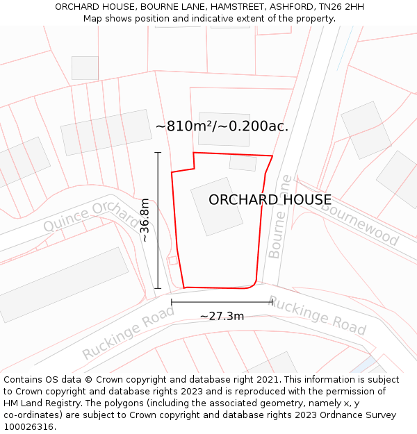 ORCHARD HOUSE, BOURNE LANE, HAMSTREET, ASHFORD, TN26 2HH: Plot and title map