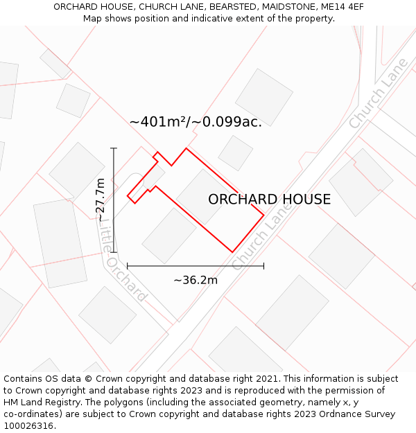 ORCHARD HOUSE, CHURCH LANE, BEARSTED, MAIDSTONE, ME14 4EF: Plot and title map