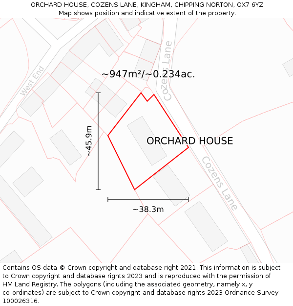 ORCHARD HOUSE, COZENS LANE, KINGHAM, CHIPPING NORTON, OX7 6YZ: Plot and title map