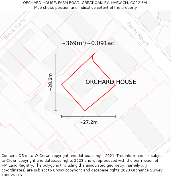 ORCHARD HOUSE, FARM ROAD, GREAT OAKLEY, HARWICH, CO12 5AL: Plot and title map