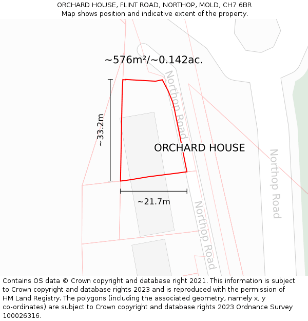 ORCHARD HOUSE, FLINT ROAD, NORTHOP, MOLD, CH7 6BR: Plot and title map