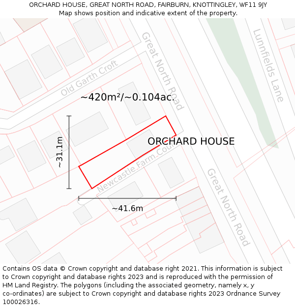 ORCHARD HOUSE, GREAT NORTH ROAD, FAIRBURN, KNOTTINGLEY, WF11 9JY: Plot and title map