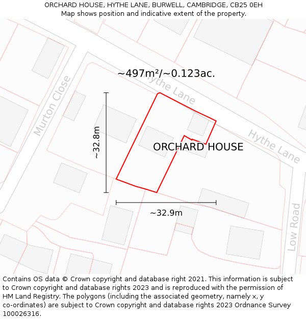 ORCHARD HOUSE, HYTHE LANE, BURWELL, CAMBRIDGE, CB25 0EH: Plot and title map