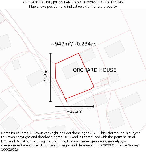 ORCHARD HOUSE, JOLLYS LANE, PORTHTOWAN, TRURO, TR4 8AX: Plot and title map