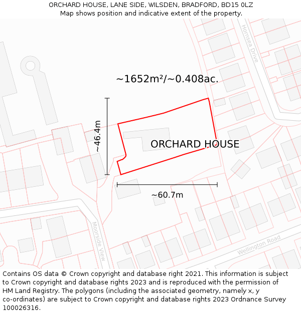 ORCHARD HOUSE, LANE SIDE, WILSDEN, BRADFORD, BD15 0LZ: Plot and title map