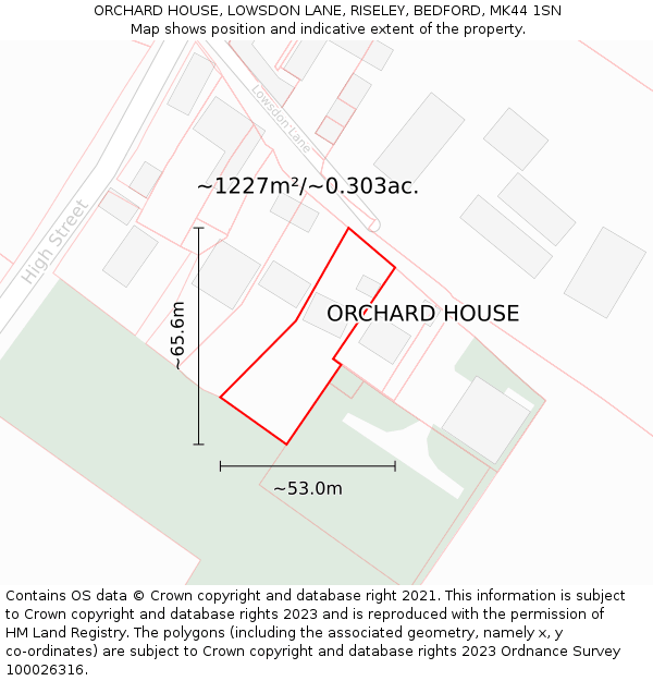 ORCHARD HOUSE, LOWSDON LANE, RISELEY, BEDFORD, MK44 1SN: Plot and title map