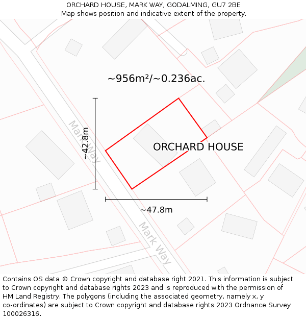 ORCHARD HOUSE, MARK WAY, GODALMING, GU7 2BE: Plot and title map