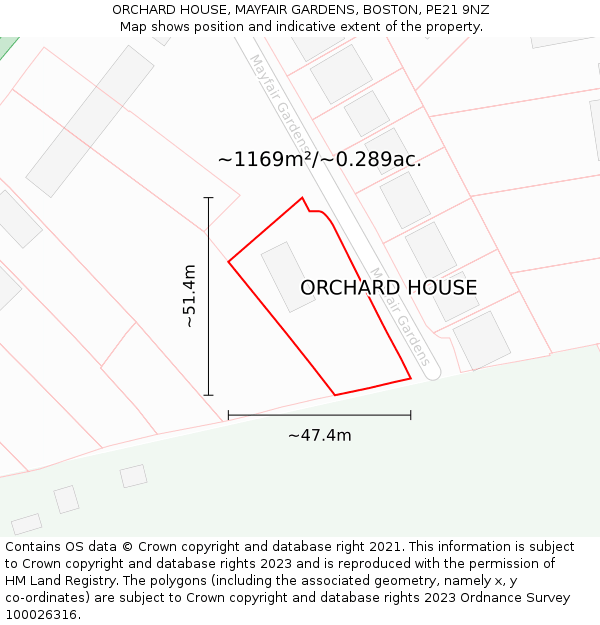 ORCHARD HOUSE, MAYFAIR GARDENS, BOSTON, PE21 9NZ: Plot and title map