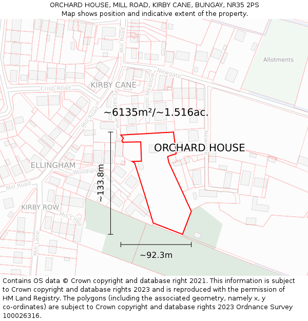 ORCHARD HOUSE, MILL ROAD, KIRBY CANE, BUNGAY, NR35 2PS: Plot and title map