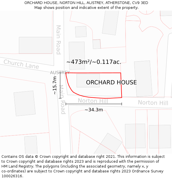 ORCHARD HOUSE, NORTON HILL, AUSTREY, ATHERSTONE, CV9 3ED: Plot and title map