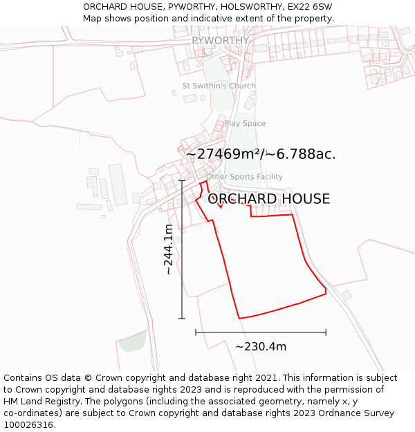 ORCHARD HOUSE, PYWORTHY, HOLSWORTHY, EX22 6SW: Plot and title map