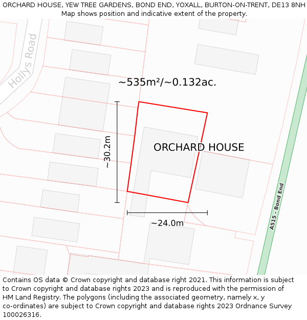 ORCHARD HOUSE, YEW TREE GARDENS, BOND END, YOXALL, BURTON-ON-TRENT, DE13 8NH: Plot and title map