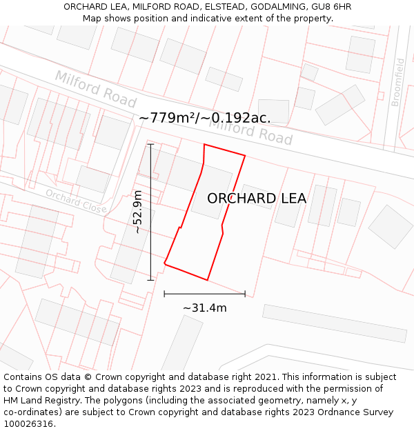 ORCHARD LEA, MILFORD ROAD, ELSTEAD, GODALMING, GU8 6HR: Plot and title map