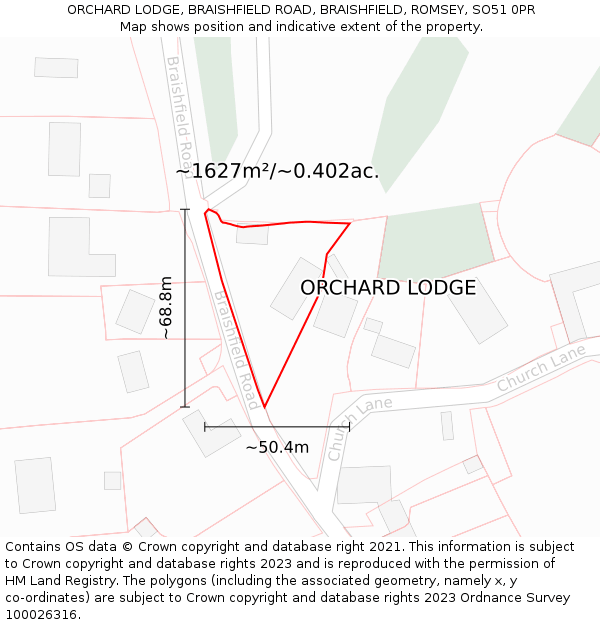 ORCHARD LODGE, BRAISHFIELD ROAD, BRAISHFIELD, ROMSEY, SO51 0PR: Plot and title map