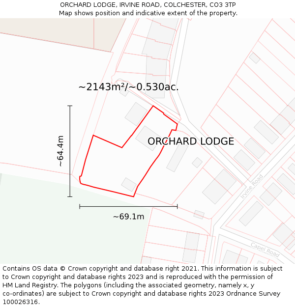 ORCHARD LODGE, IRVINE ROAD, COLCHESTER, CO3 3TP: Plot and title map