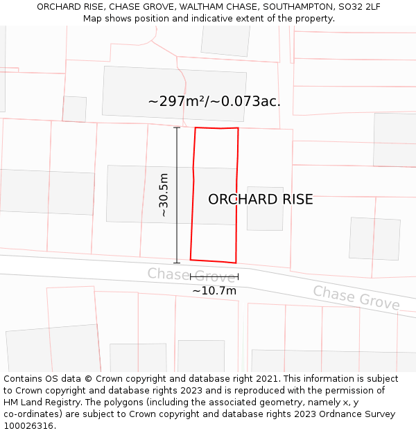 ORCHARD RISE, CHASE GROVE, WALTHAM CHASE, SOUTHAMPTON, SO32 2LF: Plot and title map