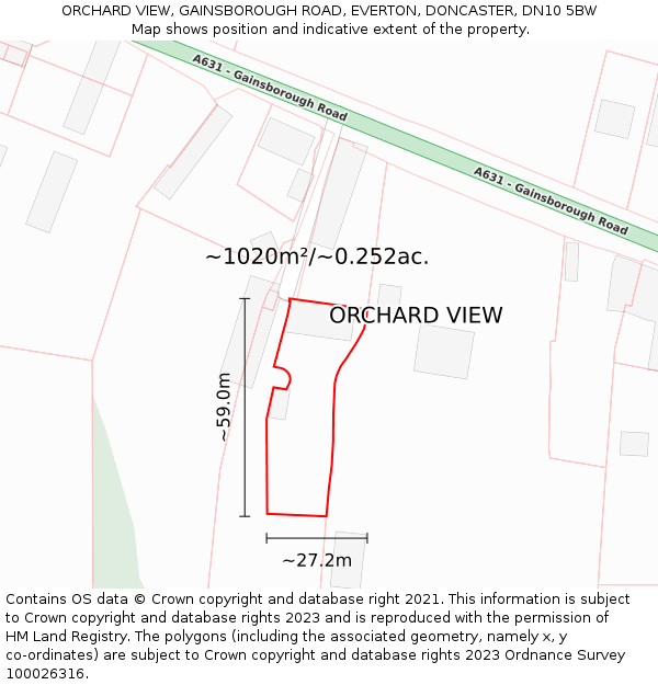 ORCHARD VIEW, GAINSBOROUGH ROAD, EVERTON, DONCASTER, DN10 5BW: Plot and title map