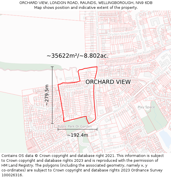 ORCHARD VIEW, LONDON ROAD, RAUNDS, WELLINGBOROUGH, NN9 6DB: Plot and title map