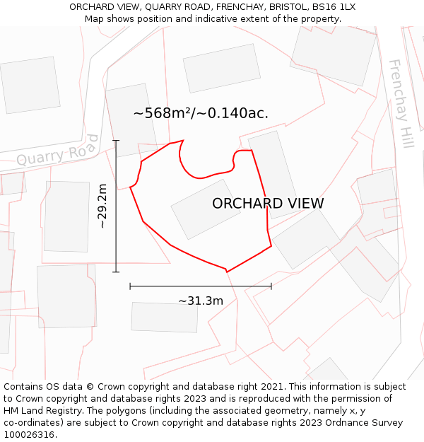 ORCHARD VIEW, QUARRY ROAD, FRENCHAY, BRISTOL, BS16 1LX: Plot and title map