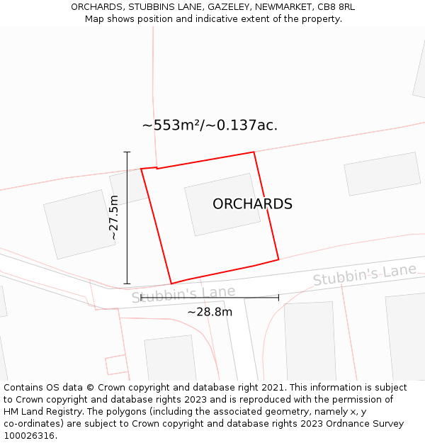 ORCHARDS, STUBBINS LANE, GAZELEY, NEWMARKET, CB8 8RL: Plot and title map