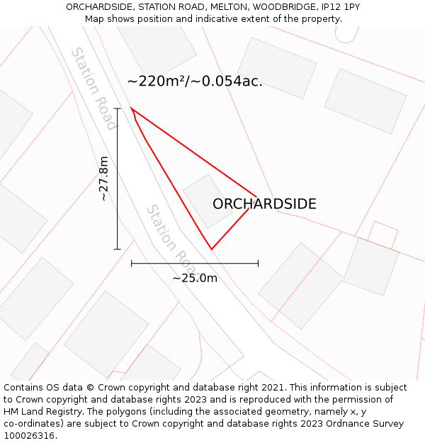 ORCHARDSIDE, STATION ROAD, MELTON, WOODBRIDGE, IP12 1PY: Plot and title map