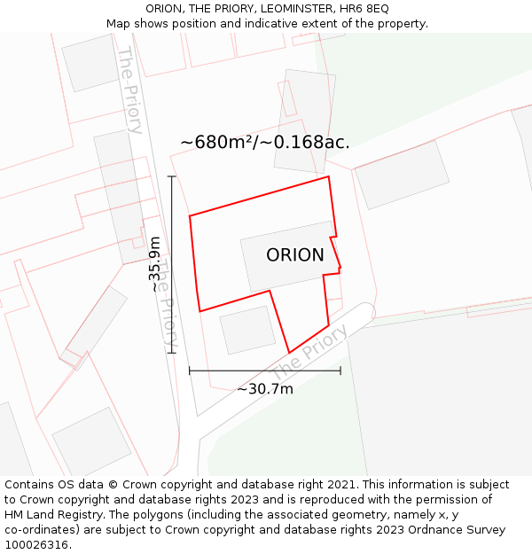 ORION, THE PRIORY, LEOMINSTER, HR6 8EQ: Plot and title map