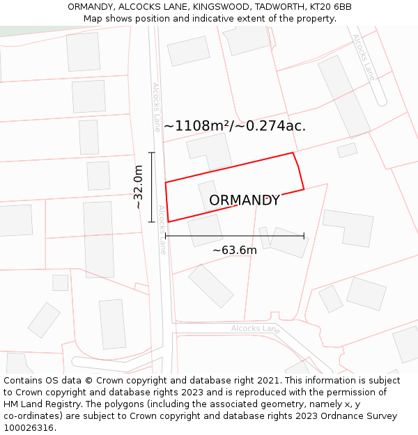 ORMANDY, ALCOCKS LANE, KINGSWOOD, TADWORTH, KT20 6BB: Plot and title map