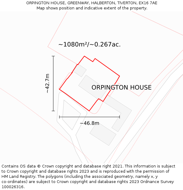 ORPINGTON HOUSE, GREENWAY, HALBERTON, TIVERTON, EX16 7AE: Plot and title map