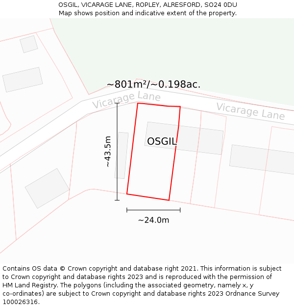 OSGIL, VICARAGE LANE, ROPLEY, ALRESFORD, SO24 0DU: Plot and title map