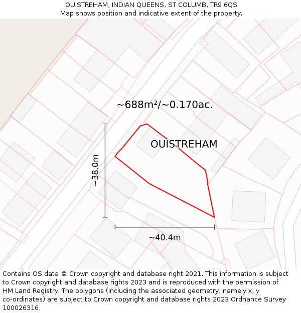 OUISTREHAM, INDIAN QUEENS, ST COLUMB, TR9 6QS: Plot and title map