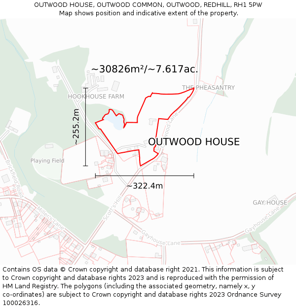 OUTWOOD HOUSE, OUTWOOD COMMON, OUTWOOD, REDHILL, RH1 5PW: Plot and title map