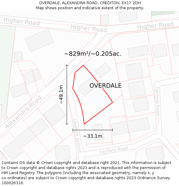 OVERDALE, ALEXANDRA ROAD, CREDITON, EX17 2DH: Plot and title map