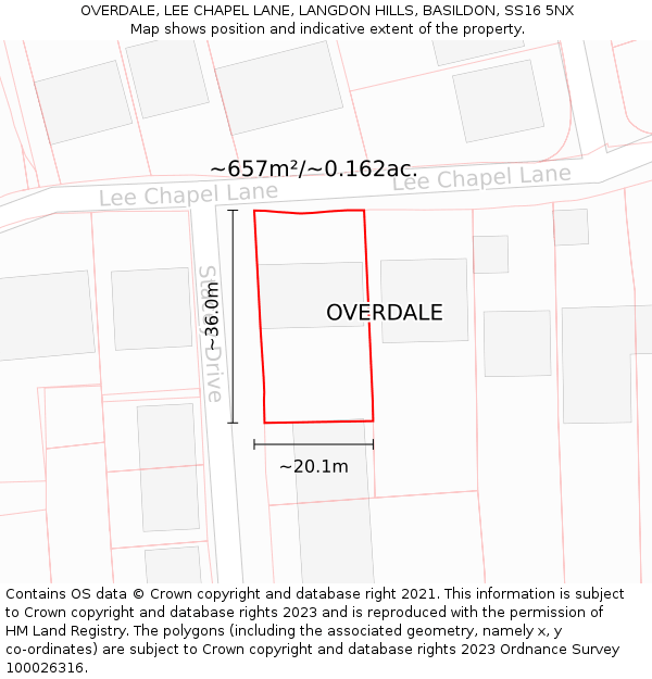 OVERDALE, LEE CHAPEL LANE, LANGDON HILLS, BASILDON, SS16 5NX: Plot and title map