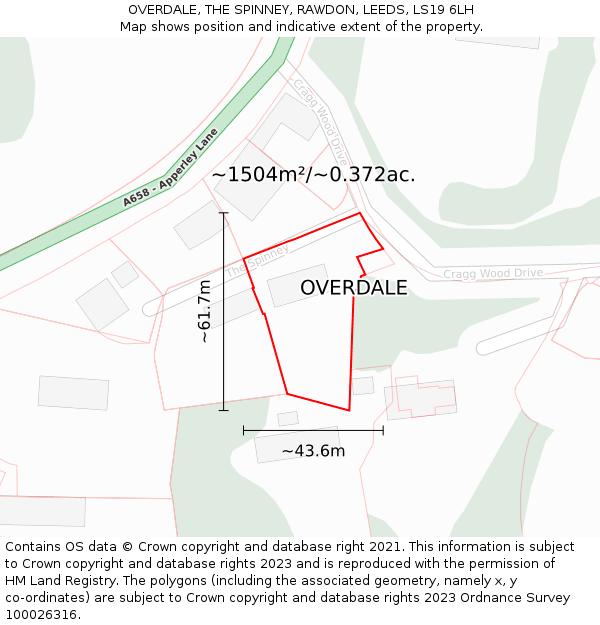 OVERDALE, THE SPINNEY, RAWDON, LEEDS, LS19 6LH: Plot and title map
