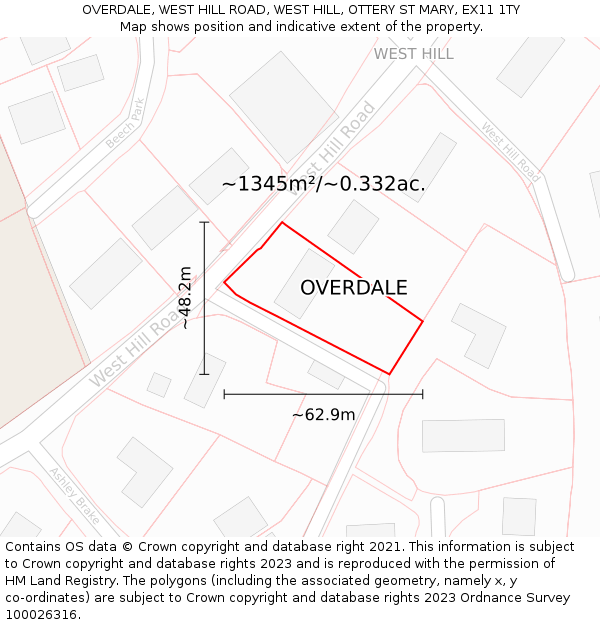 OVERDALE, WEST HILL ROAD, WEST HILL, OTTERY ST MARY, EX11 1TY: Plot and title map