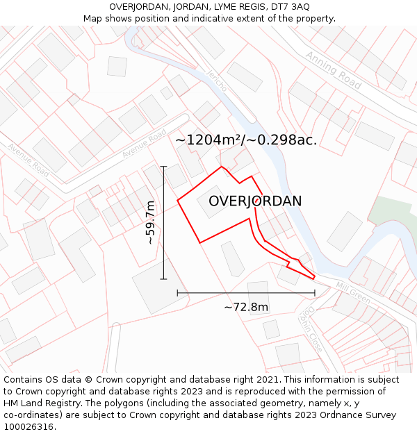 OVERJORDAN, JORDAN, LYME REGIS, DT7 3AQ: Plot and title map