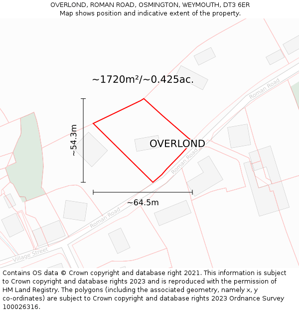 OVERLOND, ROMAN ROAD, OSMINGTON, WEYMOUTH, DT3 6ER: Plot and title map