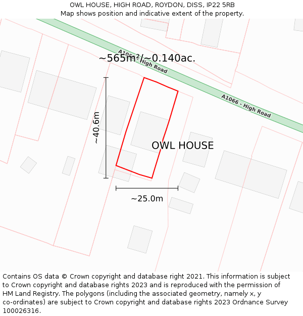 OWL HOUSE, HIGH ROAD, ROYDON, DISS, IP22 5RB: Plot and title map